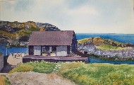 Painting of small house overlooking the ocean