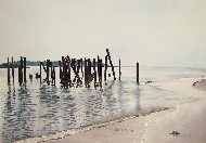 Painting of old Maine pier on ocean